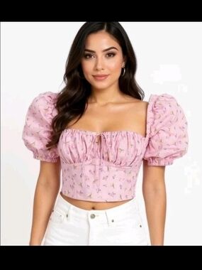Pink Puff-Sleeve Floral Crop Top - Women
